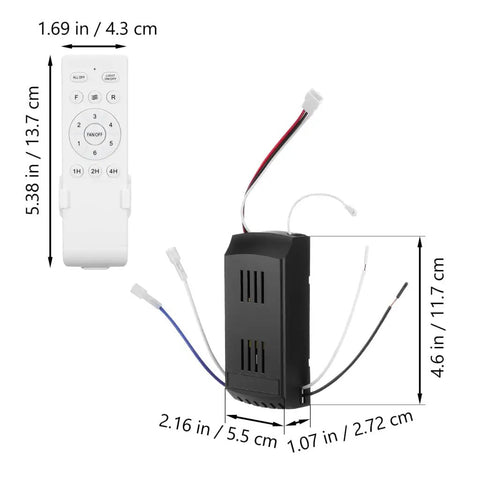 Ceiling Fan Speed Controller With Wireless Remote For Lights And Fans, Low Voltage Safe Design, Variable Frequency Control, Easy Setup, Works With Most Fans, Multiple Speed Levels From Gentle Breeze To Strong Turbo, remote and receiver with dimensions