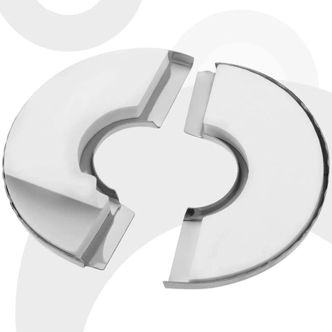 Pack Of Twelve Split Flange Escutcheon Plates With Sharp Chrome Finish showcases a split flange design for easy pipe coverage.