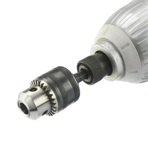 Impact Driver Ready Drill Chuck Adapter With 1/4 Inch Quick Change Hex Shank attached to a drill, metal construction