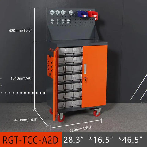 Heavy Duty Rolling Shop Workhorse Tool Cabinet With Pegboard Back Panel And Partitioned Drawers For Wrenches Bolts And Mechanics Gear, side view with dimensions.