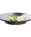 Top Tier Electric Rotating Display Stand For Jewelry And Accessories, Smooth Mirror Black Turntable Body Spinner showcasing a floral reflection.