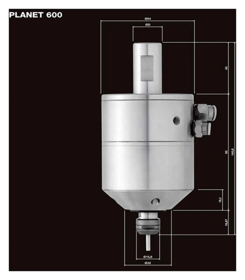 Pl600 M2040 Internal Grinding Spindle Pneumatic High Speed Motor Water Cooled System side view with dimensions for precision machining.