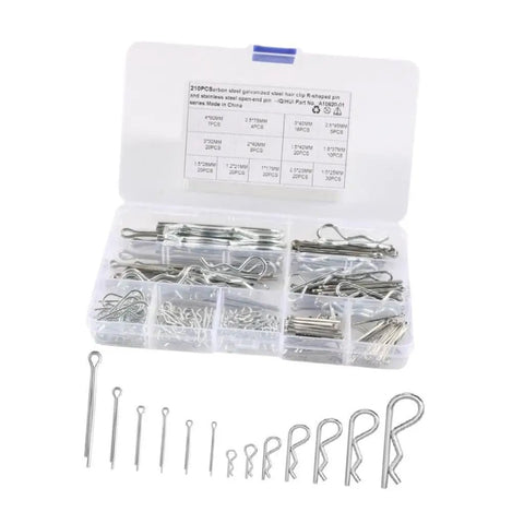 210 Piece Hairpin Cotter Pin Assortment Kit for Power Equipment R Clips in a Sturdy Storage Case with Labeled Sizes, All-In-One Bolt Security Set for Mowers, Trailers, Machinery, Quick Fixes, labeled plastic case
