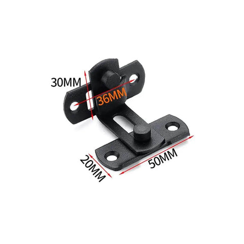 90 Degree Barn Door Lock For Sliding Doors And Windows Right Angle Lock Bolt Cam Lock, carbon steel, measurements shown, black finish