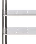 Close-up of Heavy Duty Stainless Steel Four Tier Adjustable Pantry Shelf rocks solid freestanding metal storage rack with perforated shelves.