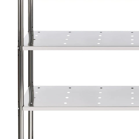 Close-up of Heavy Duty Stainless Steel Four Tier Adjustable Pantry Shelf rocks solid freestanding metal storage rack with perforated shelves.