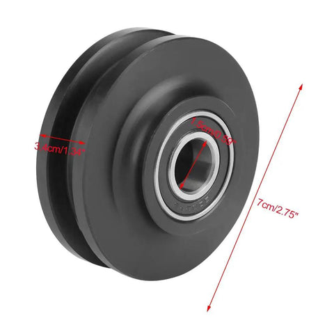 Rock Solid Barn Door Wheels With Silent Nylon Rollers And Heavy Duty Zinc Alloy Sliding Closet Hardware For Butter Smooth Glide. Close-up of silent nylon roller measuring 7cm.