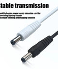 Slick Touch Dimmer Power Extension Cable With Heavy Duty Flexible PVC Cord And Straight Forward On Off Switch Plug And Play For Desk Cabinet Display Lighting Projects showing white and black connectors.