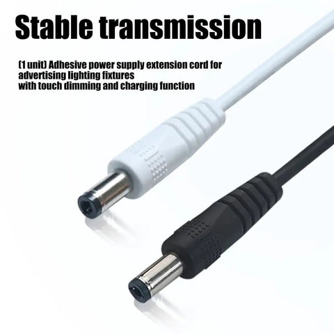 Slick Touch Dimmer Power Extension Cable With Heavy Duty Flexible PVC Cord And Straight Forward On Off Switch Plug And Play For Desk Cabinet Display Lighting Projects showing white and black connectors.