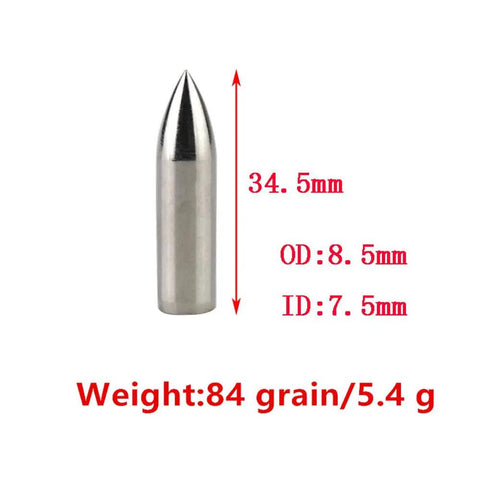 Glue On Field Points For Wooden And Bamboo Arrows, 24 Piece Stainless Steel Practice Tips, 8.5mm OD, 7.5mm ID, 84 Grain