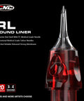 Close-up of Top Shelf 5RL Round Liner Tattoo Needle Cartridges with red shell and membrane, 316L stainless steel, 20pcs