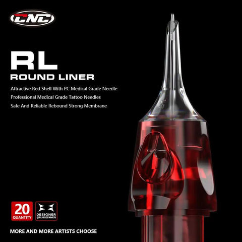 Close-up of Top Shelf 5RL Round Liner Tattoo Needle Cartridges with red shell and membrane, 316L stainless steel, 20pcs