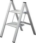 Slim Step Stool Ladder Two-Step Aluminum Silver With Wide 10.25 By 13 Inch Steps shown open
