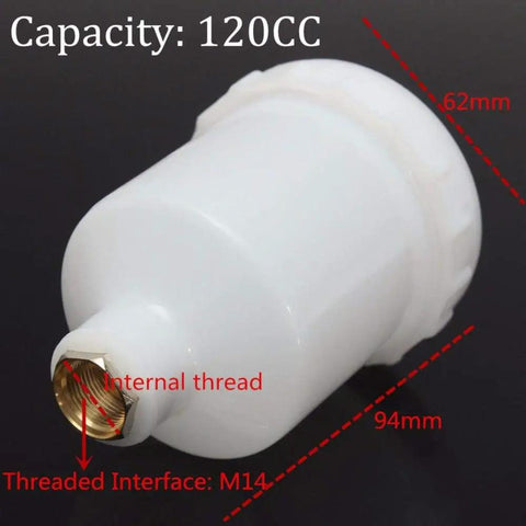 Heavy Duty 125 Ml Paint Cup For HVLP Spray Guns And Airbrushes showing 120CC white plastic paint cup with metal threaded interface.
