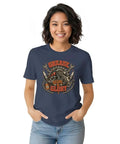 Retro Mechanical Engineer T Shirt With Vintage Gear Garage Emblem For Cool Builders, Diesel Mechanics And DIY Tinkerers Who Love Grease And Glory In The Shop, navy, classic fit, cotton, worn by a woman.