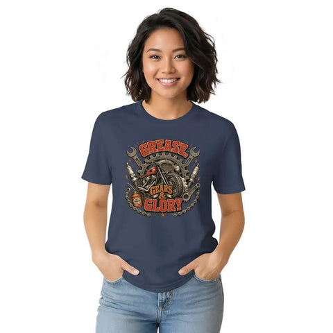 Retro Mechanical Engineer T Shirt With Vintage Gear Garage Emblem For Cool Builders, Diesel Mechanics And DIY Tinkerers Who Love Grease And Glory In The Shop, navy, classic fit, cotton, worn by a woman.