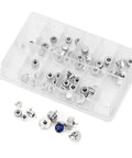 60Pcs Stainless Steel Watch Crown Set With Chrono Pushers And Lever Extenders For Watch Crown Repair Replacement Accessories Pro Grade Durable Rust Resistant Timepiece Upgrades displayed in a plastic case