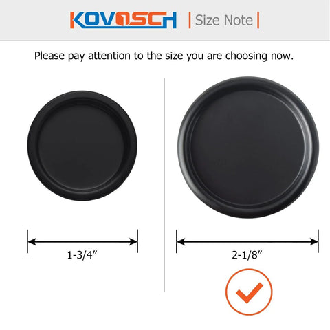 Size comparison of Six Pack Black Round Sliding Closet Door Finger Pulls, featuring 1-3/4 inch and 2-1/8 inch diameters.