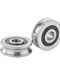 Heavy Duty Steel V Groove Wheel, Dead Nuts Smooth Sliding Gate Caster With U Bracket, Built Tough For Doors And Garage Tracks, Quick Hook Up Install, Solid Rail Guide showing two steel rollers with bearings.