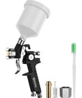 Pro Grade HVLP Paint Sprayer Gun Equipped With Ultra Fine Atomization Nozzles, hose, and cleaning brush for automotive coatings.