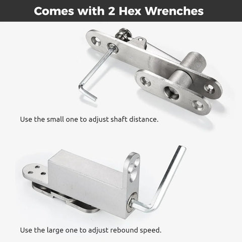 Close-up of Heavy Duty Self Closing Pivot Hinges For Doors With Hidden Bookcase Design Stainless Steel 360 Degree Invisible Hinge System shown with two hex wrenches for installation.