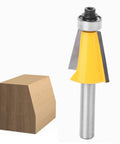 Fabater 8mm Chamfer Router Bit with Bearing, Perfect For Woodworking Bevel Edging Milling Cutter On MDF Solid Wood And Particleboard At 15 Degree Angle With YG6 Alloy Trimming Tool next to a wooden block.