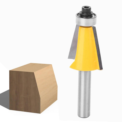 Fabater 8mm Chamfer Router Bit with Bearing, Perfect For Woodworking Bevel Edging Milling Cutter On MDF Solid Wood And Particleboard At 15 Degree Angle With YG6 Alloy Trimming Tool next to a wooden block.