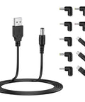 USB To DC 5V Power Cord With 10 Connector Tips For Easy Plug-and-Play Power Across Your Gadgets 5.5x2.1mm Plug Jack Includes 5.5x2.5, 4.8x1.7, 4.0x1.7, 4.0x1.35, 3.5x1.35, 3.0x1.1, 2.5x0.7, Micro USB, Type-C, Mini USB, 5FT black USB to DC barrel cable with 10 tips