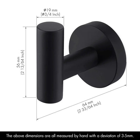 Dimensions of Sturdy Stainless Steel Towel And Robe Hooks Wall Mount Set Satin Matte Black Rust Proof SUS 304 Bathroom Hook Rack
