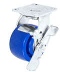 Heavy Duty Stainless Steel Caster Set Four Pack With 5 Inch By 2 Inch Blue Solid Poly Wheel Two Locking Brakes And Two Non Brake Casters 4000 Pounds Total Capacity Anti Rust 304 Stainless For Industrial Carts And Workbenches showing locking brake mechanism