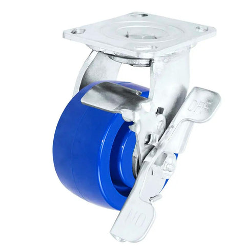 Heavy Duty Stainless Steel Caster Set Four Pack With 5 Inch By 2 Inch Blue Solid Poly Wheel Two Locking Brakes And Two Non Brake Casters 4000 Pounds Total Capacity Anti Rust 304 Stainless For Industrial Carts And Workbenches showing locking brake mechanism