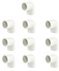 Ten white two way one half inch PVC pipe fitting 90 degree elbow socket adapters, schedule 40, for DIY projects, unthreaded pipes.