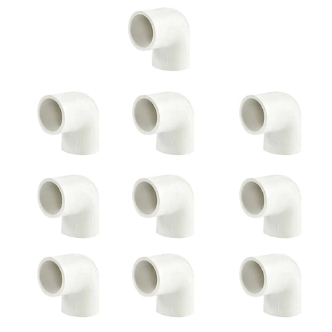 Ten white two way one half inch PVC pipe fitting 90 degree elbow socket adapters, schedule 40, for DIY projects, unthreaded pipes.