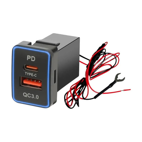 Heavy Duty PD Quick Charge USBC Car Charging Adapter 23X32Mm with wires, waterproof design for 12V and 24V systems.