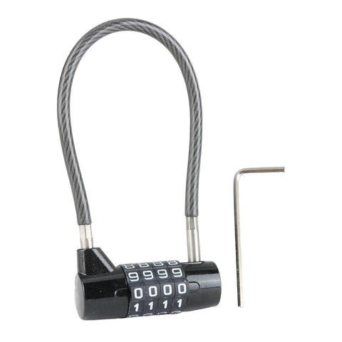 Heavy Duty 4 Digit Combo Cable Lock With Resettable Braided Steel Wire And Smooth Protective Jacket For Lock Tight Security, black lock and gray cable.