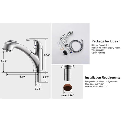 Brushed Nickel Kitchen Faucet With Pull Out Sprayer Single Handle 1 Hole Solid Brass Heavy Duty Commercial RV Faucet With 2 Modes 150 Degree Swivel Spout And 27 Inch Spray Hose No Lead showing dimensions and parts included