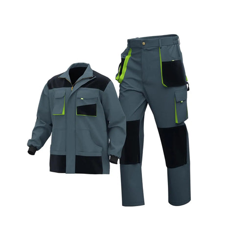 Heavy Duty Mens Work Suit Windproof Jacket And Multi Pocket Cargo Pants Set Reinforced Construction in grey with black accents