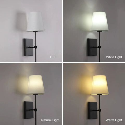 Set Of 2 Slim Wall Sconces With White Fabric Shade And Matte Black Base For Bedroom Bedside Bathroom Vanity And Living Room - Easy Dope Hardwired Indoor Wall Lighting Fixtures showing different light modes