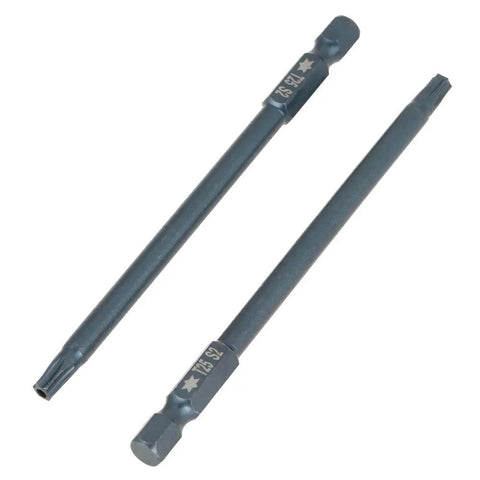 Get The Goods With These 10 Pieces Of 100mm T25 Security Screwdriver Bits Kit That Rock 1/4 Hex Shank Made From Tough S2 Steel Rust Proof And Totally Radial Torque Ready For Pro Drills And DIY Jobs. 100mm T25 security bit, S2 steel, 1/4 hex shank, close-up
