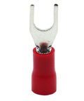 Red insulated fork spade terminal connector for 22 to 16 AWG wires 0.5 to 1.5 mm², 4.3 mm hole, tin-plated copper, PVC sleeve.