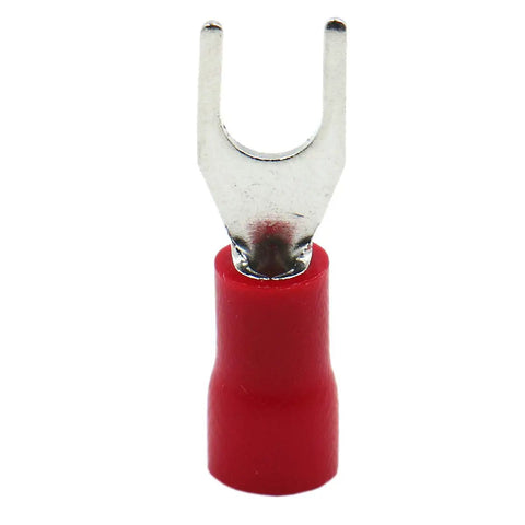 Red insulated fork spade terminal connector for 22 to 16 AWG wires 0.5 to 1.5 mm², 4.3 mm hole, tin-plated copper, PVC sleeve.