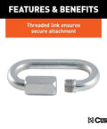 Threaded Quick Link Trailer Safety Chain Hook Carabiner Clip, 1/2 Inch Diameter, 16,500 Pound Break Strength with hex nut.