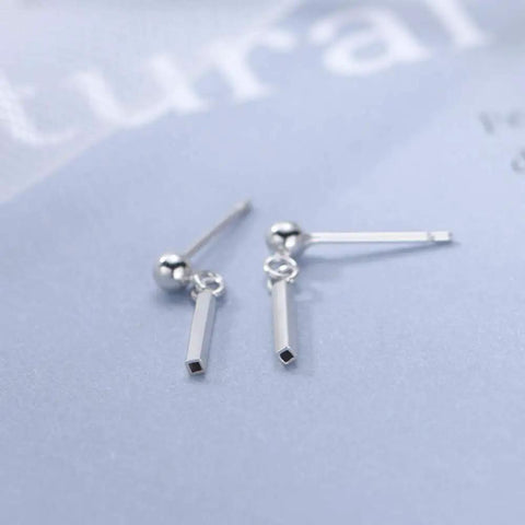 Sterling Silver Bar Dangle Stud Earrings For Women And Girls, 16.5mm minimalist ball bead pair