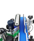 No-Nonsense Fully Automatic Round Bottle Labeling Machine featuring intuitive controls and sensors, detailed top view with blue conveyor.