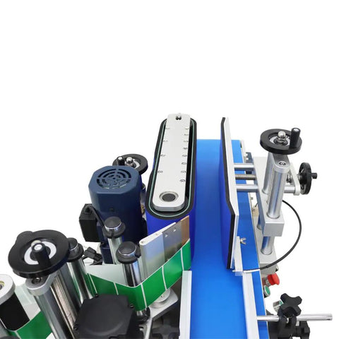 No-Nonsense Fully Automatic Round Bottle Labeling Machine featuring intuitive controls and sensors, detailed top view with blue conveyor.