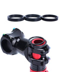 8 Piece Aluminum Bicycle Headset Spacer Set For One And One Eighth Inch Threadless Stems with spacers next to a bike stem