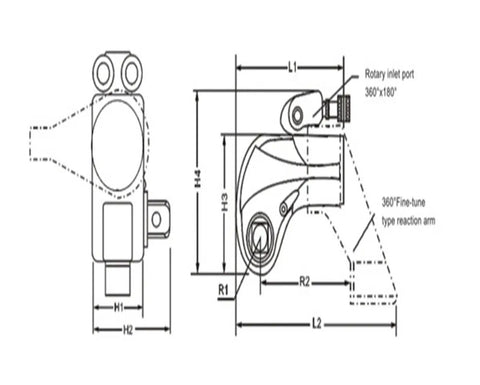 Heavy Duty Hydraulic Torque Wrench With One Inch Square Drive And Ten Thousand Psi Rating crafted from aerospace grade alloy, showing detailed dimensions and swivel inlet.