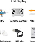 Palm-Sized Mini Drone For All Ages With LED Light Display parts list including UAV, remote control, wings, protective frames, USB wire.