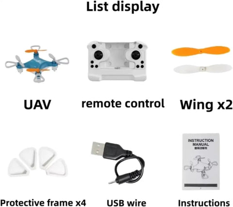 Palm-Sized Mini Drone For All Ages With LED Light Display parts list including UAV, remote control, wings, protective frames, USB wire.