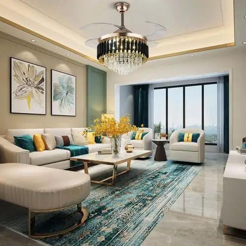 TTbhfui 42 Inch 3-Color Invisible Crystal LED Ceiling Fan Light with Remote illuminating a modern living room with elegant decor.